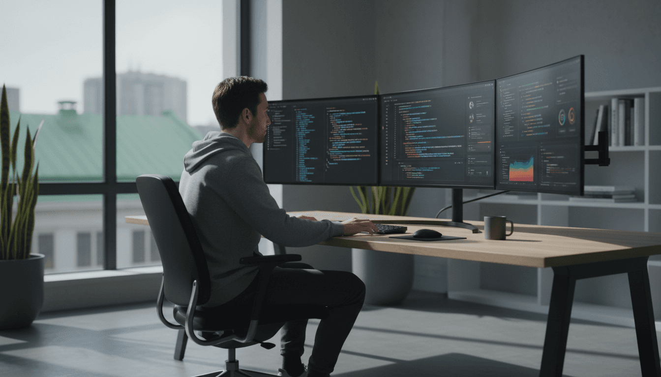 Software developer coding on computer at modern workspace