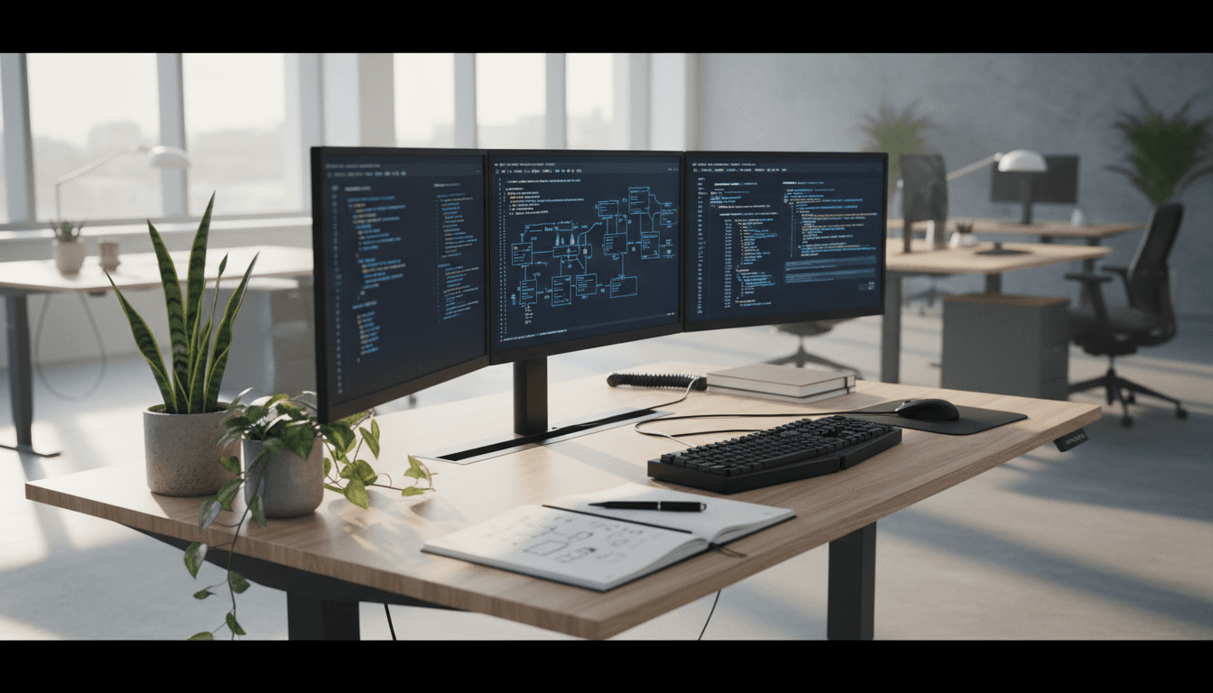 Software developer collaborating on code in modern office environment